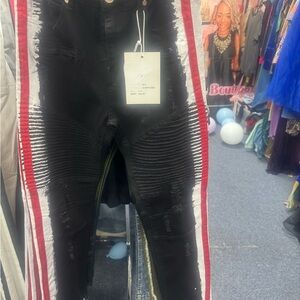 Black Jeans with Red and White Stripes
